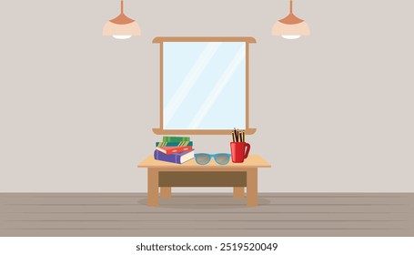 clear clean japan interior mínimo de la sala de clase con mesa, soporte de lámpara, ventana verde en un concepto de Ilustración vectorial de aula escolar moderna