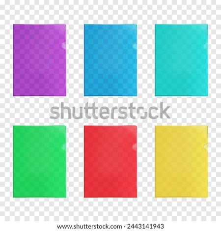 Clear color plastic L-shape file folder. Realistic mockup set on transparent background. Empty PVC corner document holder cover. Vector mock-up
