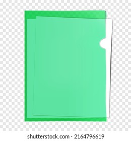 Clear color plastic project pocket with white blank paper inside realistic mockup. PVC corner file sleeve folder vector mock-up svg