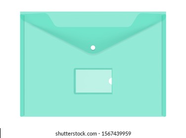 Clear colored plastic envelope folder with snap button and label pocket isolated on white background, realistic vector illustration. Transparent file holder, mockup.