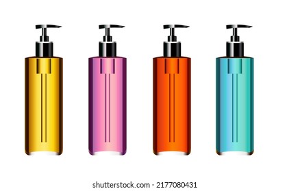 Clear, colorful  Transparent Bottles for Soap mockup design. 3d rendering vector containers. 