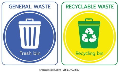 A clear and colorful waste disposal sign showing two types of waste bins: a blue trash bin for general waste and a green recycling bin for recyclable materials. 
