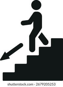Un icono de silueta negro claro y conciso que representa a una persona caminando por un conjunto de escaleras. Una flecha indica la dirección hacia abajo, comúnmente utilizada para la navegación y la señalización de seguridad.