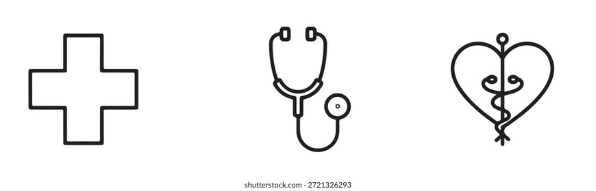 Un grupo claro y conciso de iconos de línea negra que representan temas médicos y de atención médica vitales, con un corazón estilizado con una línea de latidos cardíacos dinámicos, un estetoscopio tradicional y una cruz médica prominente, todos presentados sobre un fondo blanco limpio, enfatizando los signos vitales, los diagnósticos y los servicios de emergencia.