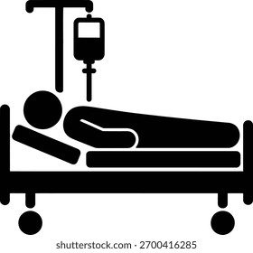 Um ícone claro e conciso representando um paciente doente descansando em uma cama de hospital com um gotejamento intravenoso. Este gráfico simboliza cuidados médicos essenciais, recuperação, doença e saúde.