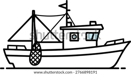 A clear and concise line art illustration of a fishing boat, featuring a prominent mast, net, and detailed hull design.