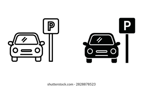 A clear and concise vector icon set featuring a car with a parking sign. Includes both outline and solid versions ideal for maps navigation apps urban signage systems and transportation-related digital content.