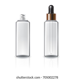 Clear cosmetic square bottle with dropper lid and copper ring for beauty or healthy product. Isolated on white background with reflection shadow. Ready to use for package design. Vector illustration.