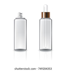 Clear cosmetic square bottle with white dropper and copper ring for beauty, healthy product. Isolated on white background with reflection shadow. Ready to use for package design. Vector illustration.