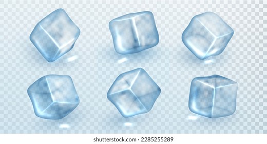 Cubos transparentes de cristal aislados en fondo transparente. Hielo transparente realista