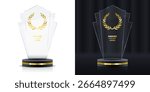 Clear crystal cup on square black base. Reward for excellence in competition or leadership. Shiny glass design with golden type. Perfect mockup for professional achievements.