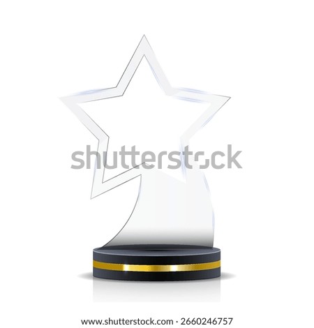 Clear crystal cup on square black base. Reward for excellence in competition or leadership. Shiny glass design with golden type. Perfect mockup for professional achievements.