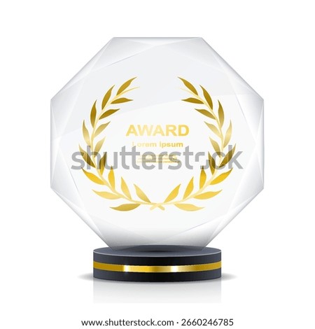 Clear crystal cup on square black base. Reward for excellence in competition or leadership. Shiny glass design with golden type. Perfect mockup for professional achievements.
