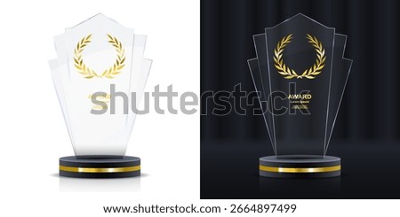 Clear crystal cup on square black base. Reward for excellence in competition or leadership. Shiny glass design with golden type. Perfect mockup for professional achievements.