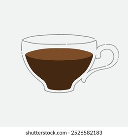 A clear cup filled with steaming coffee sits on a plain background