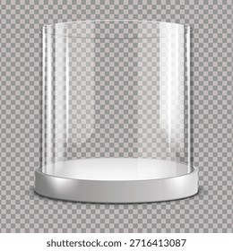 Vitrina de cristal cilíndrica clara con la base blanca en el fondo a cuadros transparente, soporte vacío de la exposición para el escaparate del producto, exhibición moderna del museo
