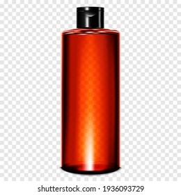 Clear dark cosmetic bottle with flip top cap on transparent background, realistic vector mock-up. Beauty product container packaging mockup. Template for design.