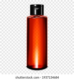 Clear dark cosmetic bottle with flip top cap on transparent background, realistic mockup. Beauty product container packaging, vector mock-up. Template for design.