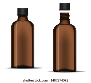 Clear dark glass bottle with screw cap - open and closed, realistic vector mock-up.