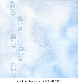 Clear Deep Footprints On White Winter Snow Of A Pair Of Boots. Track In Snow. Overhead View. Texture Of Snow Surface. Vector Illustration Background. 