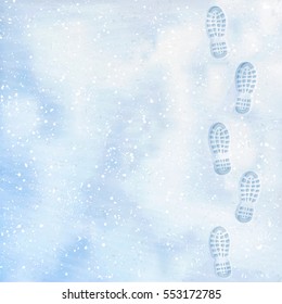 Clear deep footprints on white winter snow of a pair of boots. Track in snow. Overhead view. Texture of snow surface. Vector illustration background.