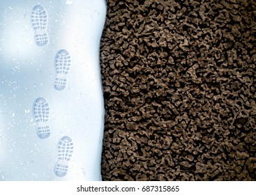 Clear Deep Footprints On White Winter Snow Of A Pair Of Boots. Track In Snow. Overhead View. Image Of Soil Texture. Vector Illustration Background.