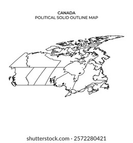 A clear depiction of Canada with solid outlines highlighting its political boundaries. This map focuses on the geographical layout and divisions within the country, emphasizing key regions.