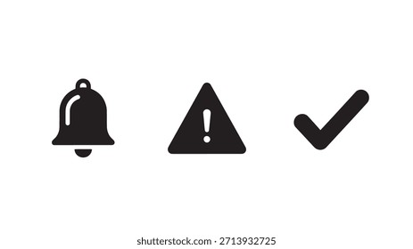 Desmarque a representação da campainha de notificação, o ponto de exclamação do sinal de aviso e um ícone de marca de seleção organizado horizontalmente em um fundo branco
