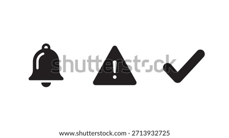 Clear depiction of notification bell, warning sign exclamation point, and a checkmark icon arranged horizontally on a white background