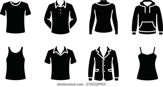 Una clara muestra de diferentes tipos de prendas, desde camisetas y polos hasta sudaderas con capucha y blazers, en silueta negra sobre blanca.