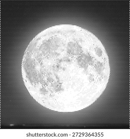 A clear dot pattern illustration of the realistic full moon surface showing craters. This celestial design is educational and atmospheric. Perfect for astronomy club flyers, space exploration posters, lunar science materials, and stargazing event promos. The halftone texture mimics the rugged terrain of the moon. High-quality vector artwork for detailed and accurate space visuals.