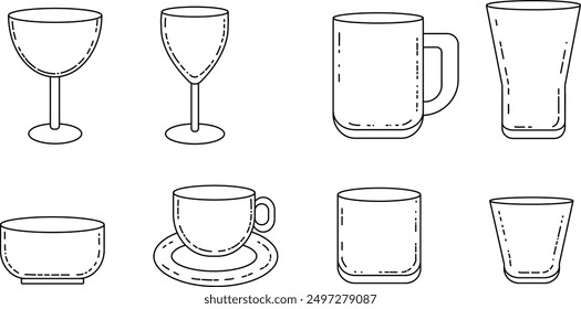 Clear drink glass with line drawings Can be used as an illustration or icon.