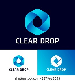 Clear Drop logo. Hexagon consists of blue strips with drop inside. Rotation shape. Symbol of cycle with drop. Recycle Water icon. 