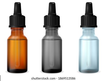 Clear Dropper Bottle. Cosmetic Essential Oil Drop Glass Bottles. Serum Glass Flask Mockup With Pipette. Medicine Collagen Vial Isolated On White Background. Perfume Essence Product Bottles Set