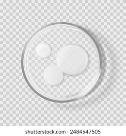 Klare Tropfen auf Petrischale isolierte realistische Vektorillustration. In: Concept Cosmetic Labortests and Research. Glaswaren mit transparenter Chemie