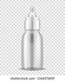 Clear Empty Baby Bottle With Silicone Nipple On Transparent Background, Realistic Vector Mockup.