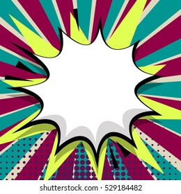 Clear empty boom comic speech bubble Pop Art Style. Retro comic text bubble. Message cloud background sticker. Vector illustration. Multi colored blue lillac yellow space back