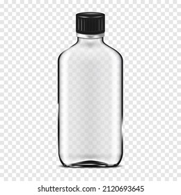 Clear empty glass bottle with black screw cap on transparent background - realistic vector mock-up