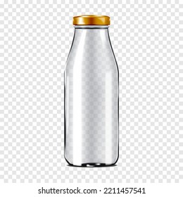 Clear Empty Glass Bottle With Metal Screw Cap On Transparent Background Realistic Vector Mock-up. Milk, Juice Or Other Drink Packaging Mockup