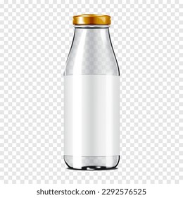 Clear empty glass bottle with metal cap and white blank label on transparent background realistic vector mockup. Milk, juice or other drink packaging mock-up. Template for design