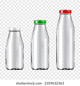 Clear empty glass bottle with metal screw cap on transparent background. Various sizes realistic vector mock-up set. Milk, juice or other drink packaging mockup kit