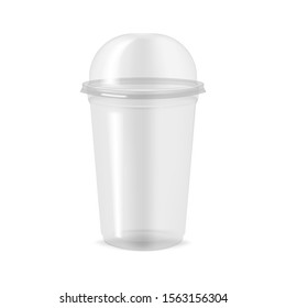 Clear empty plastic cup with dome lid, realistic mockup. Disposable transparent takeaway drink container isolated on white background, vector template.