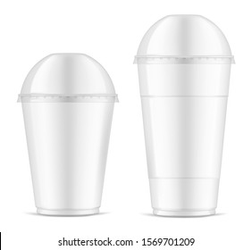 Clear empty plastic cup with dome lid set, realistic mockup. Disposable takeaway drink containers - small and big, vector template.