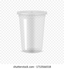 Clear empty plastic cup with flat lid  on transparent background, realistic mockup. Disposable takeaway drink container, vector template. svg