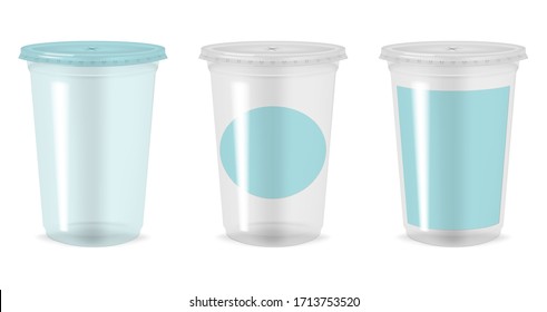 Clear empty plastic cup with flat lid and blank label. Transparent takeaway drink packaging. Vector mockup set for brand design. Easy to recolor.