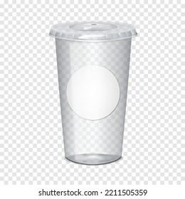 Clear empty plastic cup with flat lid and white blank round label sticker on transparent background realistic mockup. Takeaway drink mug vector mock-up. Template for design