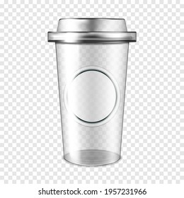 Clear empty plastic cup with lid and white blank round label sticker on transparent background, realistic mock-up. Disposable takeaway drink mug, vector mockup. Template for packaging design