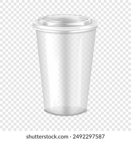 Clear empty plastic cup with lid. 3d mockup. Disposable takeaway drink container. Realistic vector mock-up. To go beverage mug on transparent background. Template for design