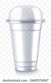 Clear empty plastic cup with sphere dome lid, isolated on transparent background. For milkshake and lemonade and smoothie. Takeaway beverage container. Realistic mockup, 3d vector illustration