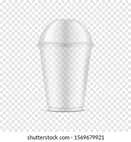 Clear empty small plastic cup with dome lid on transparent background, realistic mockup. Disposable takeaway drink mug with sphere cap, vector template.